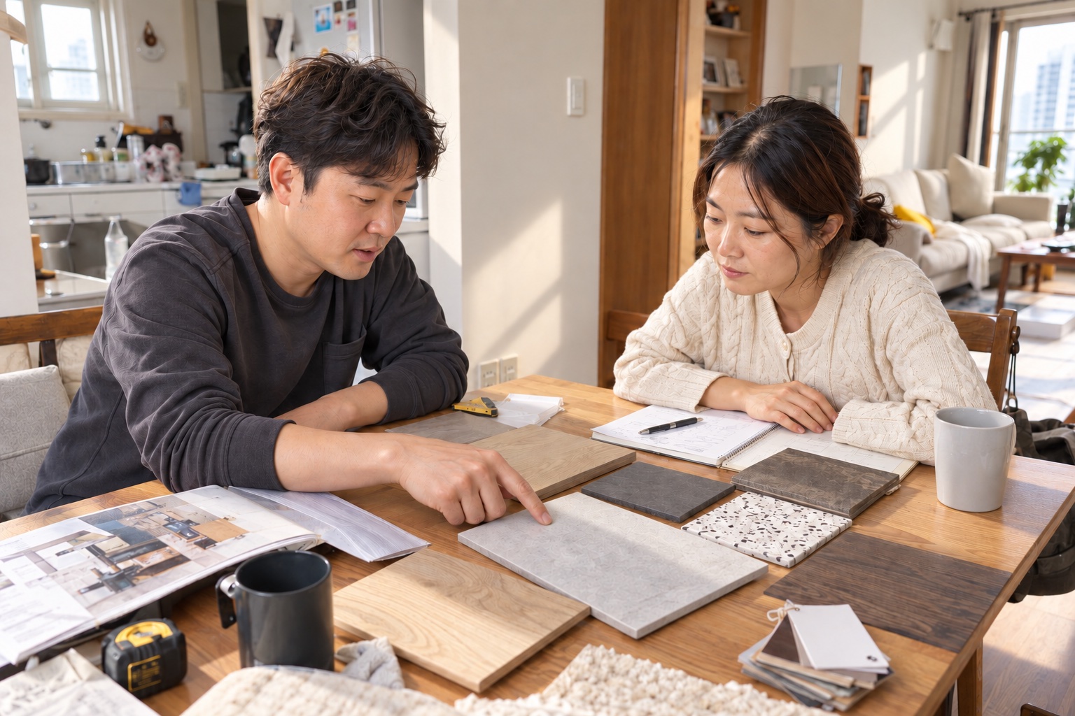 테이블에서 목재와 타일 샘플을 살펴보며 인테리어 계획을 의논하는 두 사람